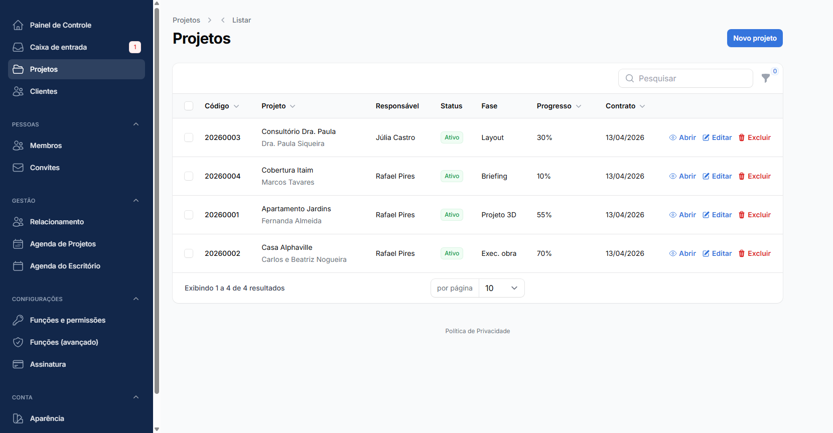 Lista de projetos do escritório no arqeno com status, fase atual e progresso de cada um