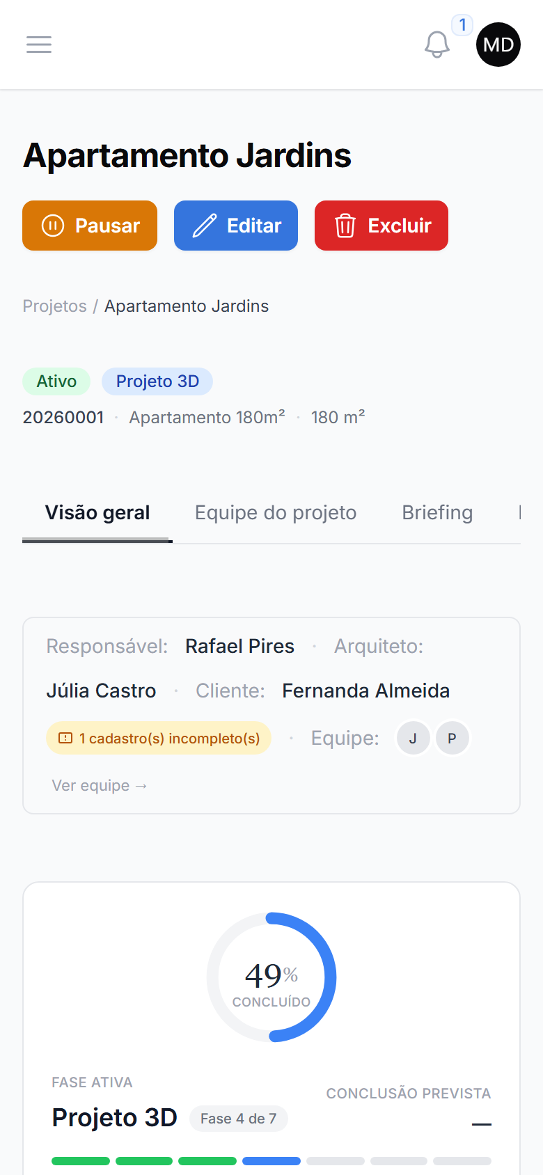 arqeno aberto no celular mostrando a visão geral de um projeto com progresso de 49%